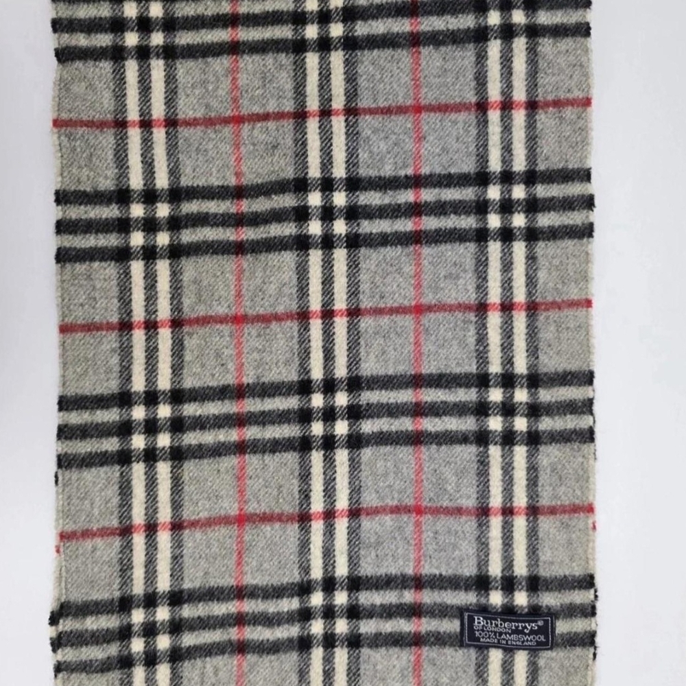 Vintage Burberrys Of London Gray and Red Plaid Wool Fabric Scarf - Picture 4 of 5